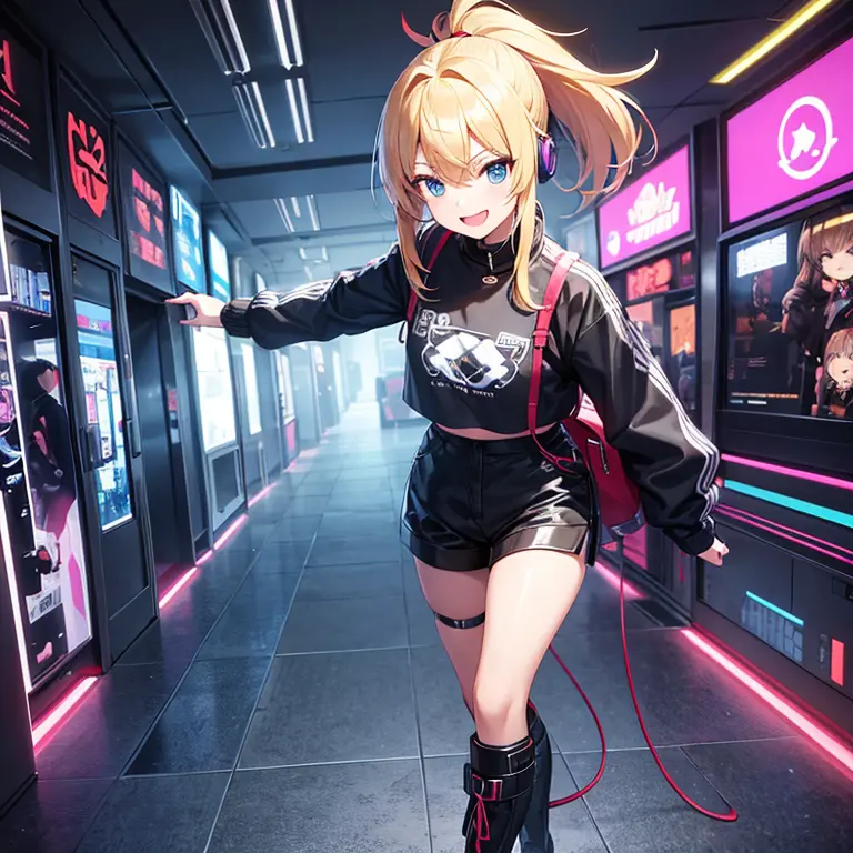 Anime, girl, blond hair, ponytail, not bangs, 2 hair strands in the front, smile expression, cyberpunk, blue, screens around gir...