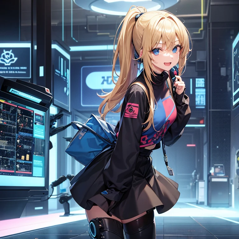 Anime, girl, blond hair, ponytail, not bangs, 2 hair strands in the front, smile expression, cyberpunk, blue, screens around girl, holograms, robots on ghe ground, walking, full body view, red shirt, black jacket, black baggy pants, boots, in a building, robots, human girl, blue eyes, tall, perfect hands, detailed, open mouth smile, blue hallograms, headphones, sifi 