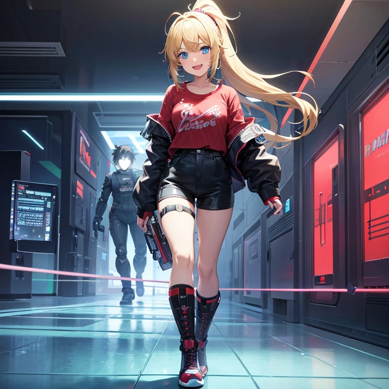 animé, fille, cheveux blonds, queue de cheval, pas une frange, 2 mèches de cheveux devant, Expression du sourire, cyberpunk, bleu, screens around fille, hologrammes, des robots au sol, marche, vue complète du corps, T-shirt rouge, Veste noire, pantalon ample noir, bottes, dans un immeuble, robots, human fille, bleu eyes, grand, des mains parfaites, détaillé, sourire bouche ouverte, bleu hallograms, écouteurs, sifi 