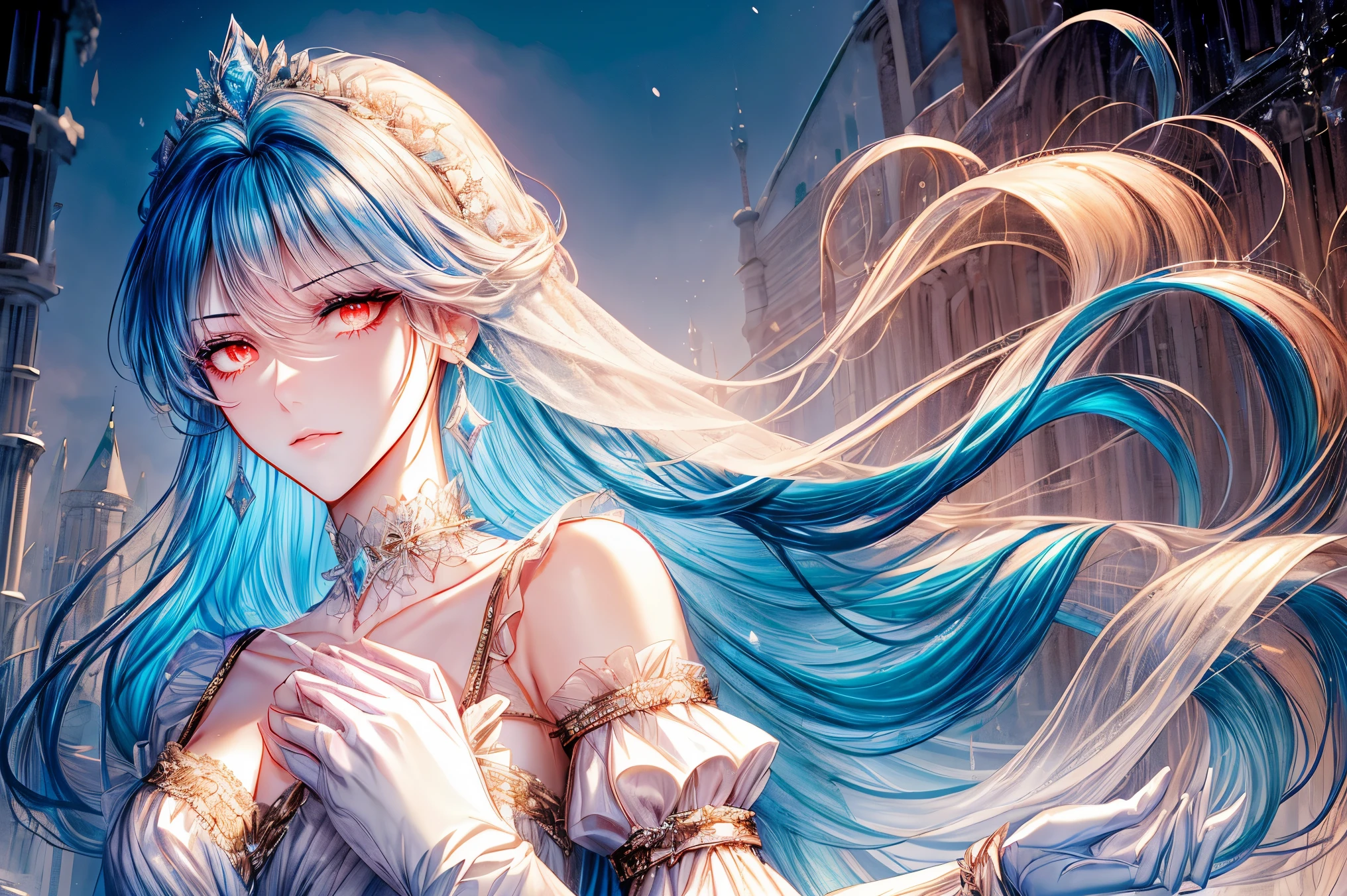 (((shoujo-style))), (romance manhwa), frostedstyle, 1girl, cyan hair, solo, long hair, frozen, ice, crystalline, dress, tiara, white dress, gloves, long sleeves, choker, red eyes, mascara, makeup, elbow gloves, bow, floating hair, bra, jewelry, looking at viewer, collarbone, puffy sleeves, golden accessories, upper body, parted bangs, very long hair, black dress, frills, bangs, closed mouth, outdoors, detailed eyes, dynamic cut,