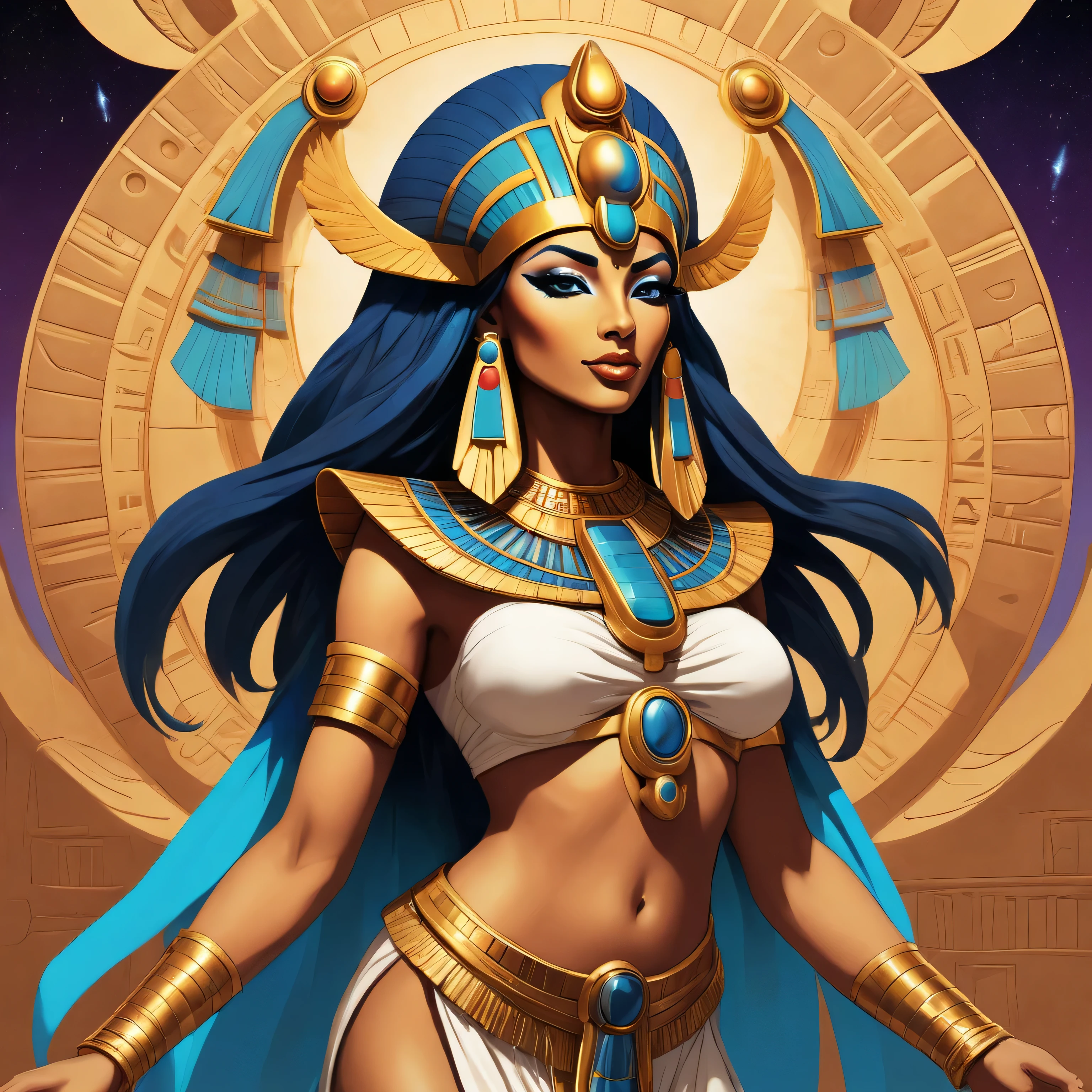 Создайте вдохновленное поп-артом изображение древнеегипетской богини Маат в стиле аниме и комиксов.. Используйте жирный шрифт, контрастные цвета и яркие, биолюминесцентные эффекты, чтобы изобразить ее в визуально поразительном виде., абстрактная композиция. Отдайте дань уважения концепции баланса и гармонии, которую она представляет, объединяя традиционные символы и современные, динамические элементы. Страстно воплотите сущность космической богини, чтобы пленить чувства зрителей и расширить их восприятие древней мифологии..