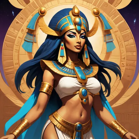 Design a pop art inspired anime and comic book representation of the ancient Egyptian goddess Ma'at. Utilize bold, contrasting c...