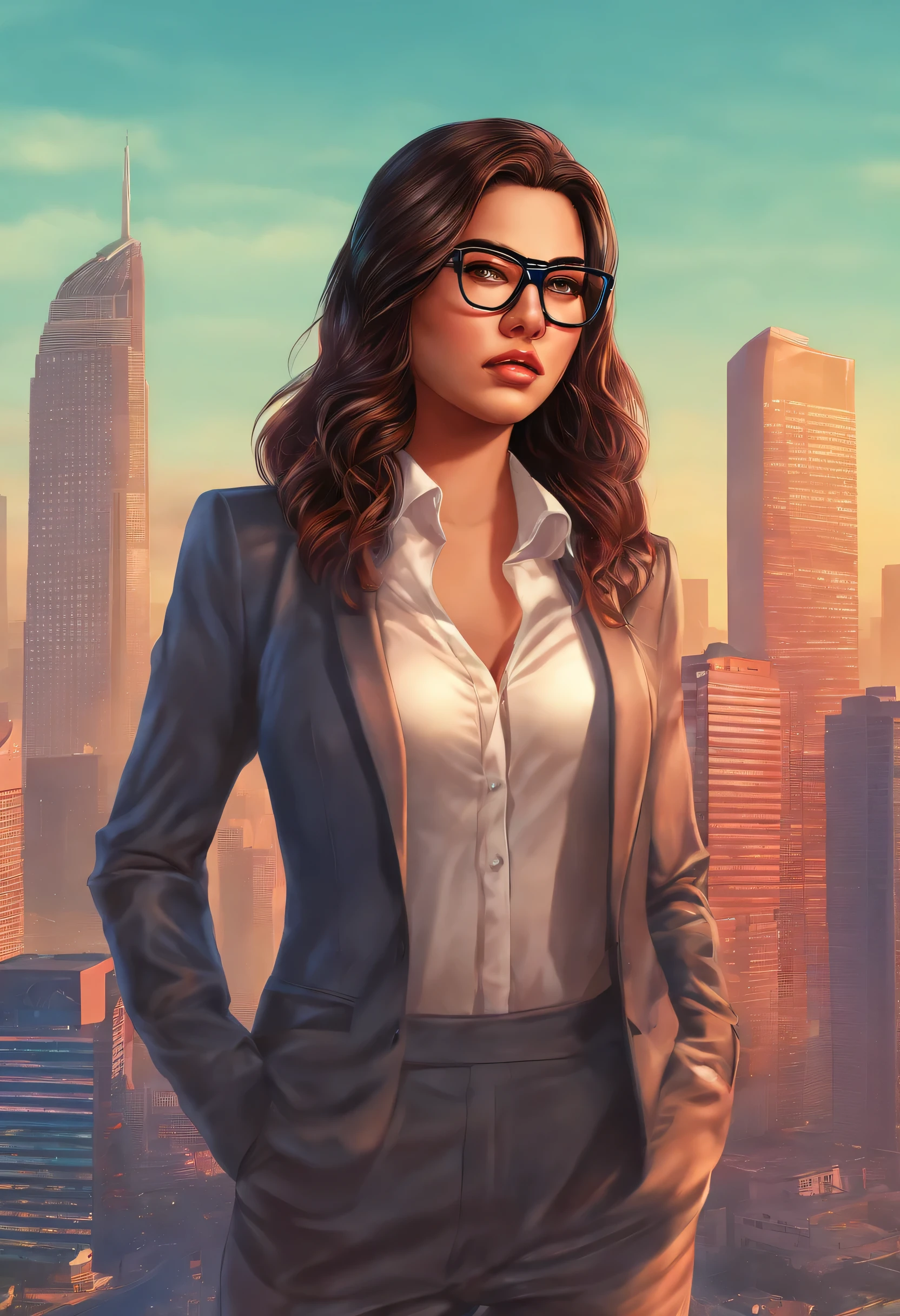 PHOTOREALISTIC REALISTIC masterpiece, best quality, highres 1girl wearing glasses, looking directly at camera, solo,giantess, city, cityscape, long hair, looking at viewer, black hair, ((suit)),solo, portrait , upper body, ((masterpiece)),masterpiece, best quality,