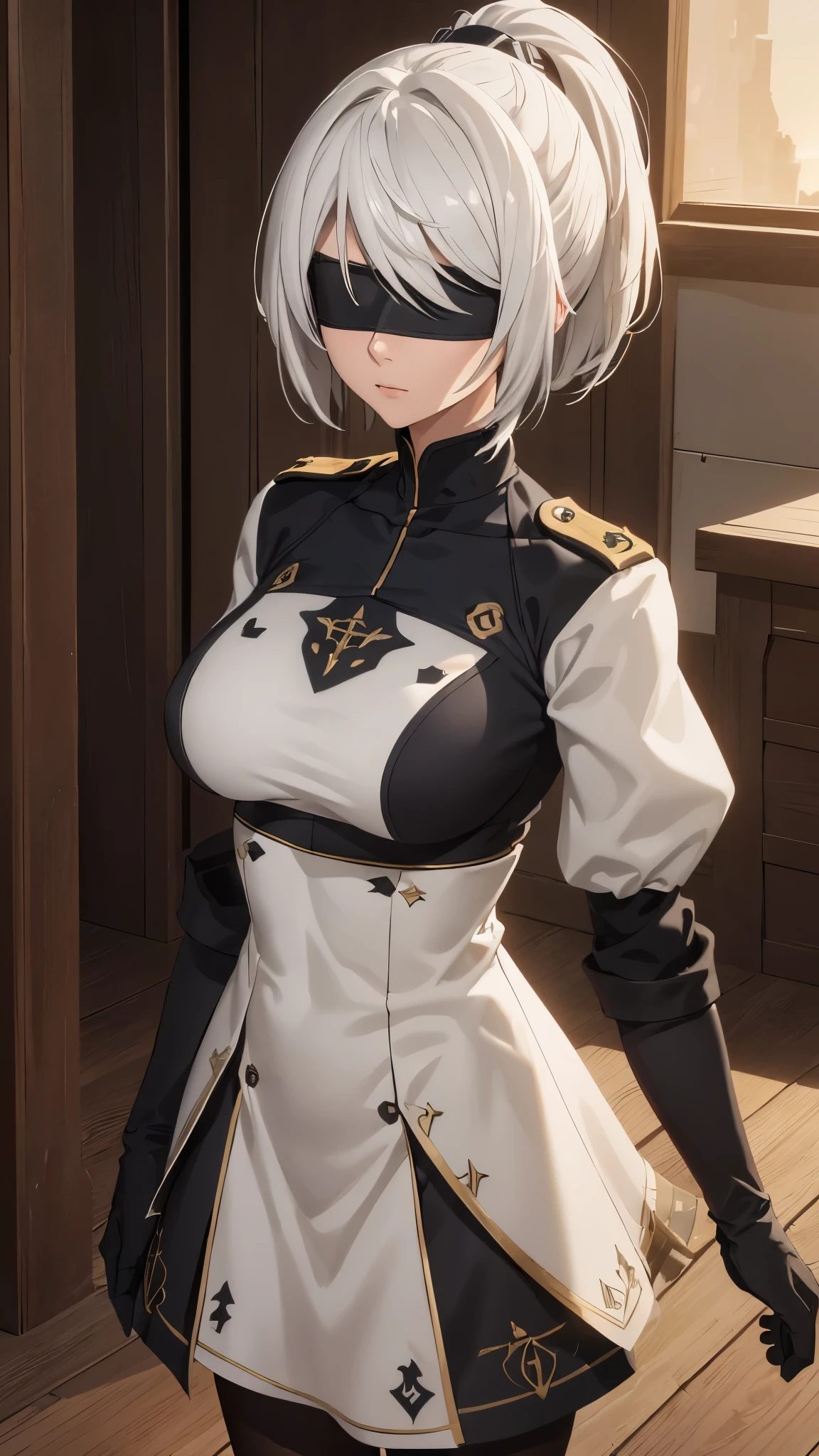 (extremely detailed CG unity 8k wallpaper), (masterpiece), (best quality), (ultra-detailed), (best illustration), (best shadow), (absurdres), 2b, 1girl, short hair, long ponytail, normal size boobs, white hair, blindfold solo, Intimidating women, admiral uniform, night, hero pose, white clothes, General Uniform, Military Uniform, Sunlight, exposed to sunlight,commander, cape, fighting, ((beautiful fantasy girl)), (Master Part: 1.2), Best Quality, High Resolution, photorealestic, photogenic, Unity 8k Wallpaper, perfect lighting, (perfect arms, perfect anatomy) beatiful face, intricate details, lifelike details, the anime, The Perfect Girl, perfect details, ultra HD |, 8k, Professional photo(extremely detailed CG unity 8k wallpaper), (masterpiece), (best quality), (ultra-detailed), (best illustration), (best shadow), (absurdres), 2b, 1girl, short hair, short ponytail, normal size , white hair, blindfold solo, Intimidating women, admiral uniform, night, hero pose, white clothes, General Uniform, Military Uniform, Sunlight, exposed to sunlight, commander, black clothes, sunkissed, sunset background