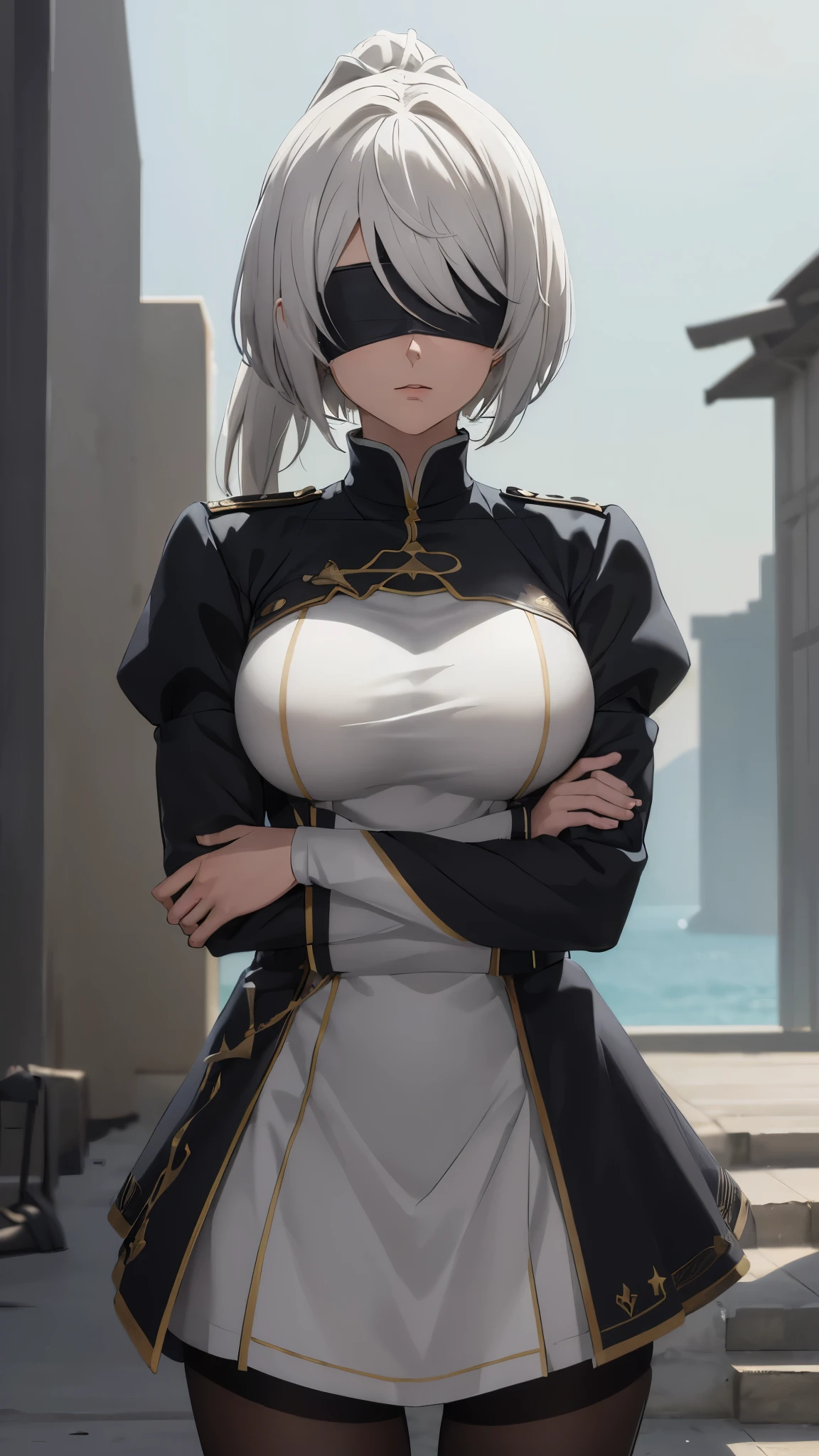 (extremely detailed CG unity 8k wallpaper), (masterpiece), (best quality), (ultra-detailed), (best illustration), (best shadow), (absurdres), 2b, 1girl, short hair, long ponytail, normal size boobs, white hair, blindfold solo, Intimidating women, admiral uniform, night, hero pose, white clothes, General Uniform, Military Uniform, Sunlight, exposed to sunlight,commander, cape, fighting, ((beautiful fantasy girl)), (Master Part: 1.2), Best Quality, High Resolution, photorealestic, photogenic, Unity 8k Wallpaper, perfect lighting, (perfect arms, perfect anatomy) beatiful face, intricate details, lifelike details, the anime, The Perfect Girl, perfect details, ultra HD |, 8k, Professional photo(extremely detailed CG unity 8k wallpaper), (masterpiece), (best quality), (ultra-detailed), (best illustration), (best shadow), (absurdres), 2b, 1girl, short hair, short ponytail, normal size , white hair, blindfold solo, Intimidating women, admiral uniform, night, hero pose, white clothes, General Uniform, Military Uniform, Sunlight, exposed to sunlight, commander, black clothes, sunkissed, sunset background