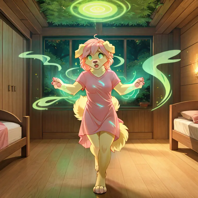 shocked feral Female Golden retriever with pink fur long Pink hairs and glowing Green eyes there is some traces of magic floatin...