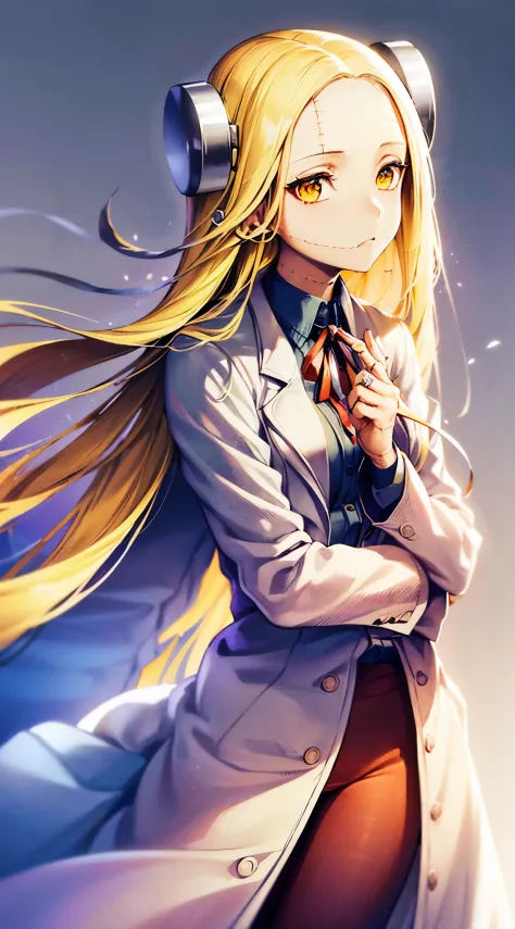 madaraki_fran,young woman, ((((wearing a white lab coat)))),((serious)), long hair , yellow hair,seams , scars on the body , (po...