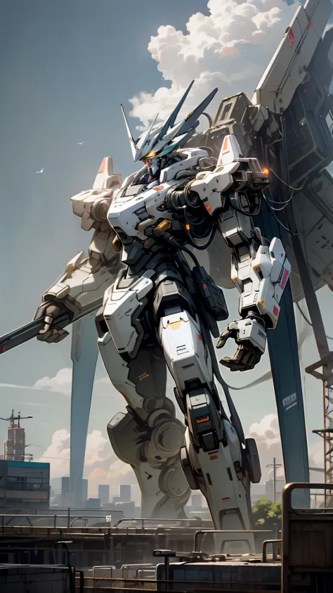(UHD, retina, masterpiece, accurate, anatomically correct, textured skin, super detail, high details, high quality, best quality, high res, 1080P, HD, 4K, 8k, 16k), (glowing, robot, mecha, glowing_eyes, realistic_mecha, science_fiction), (sky, cloud, city,...