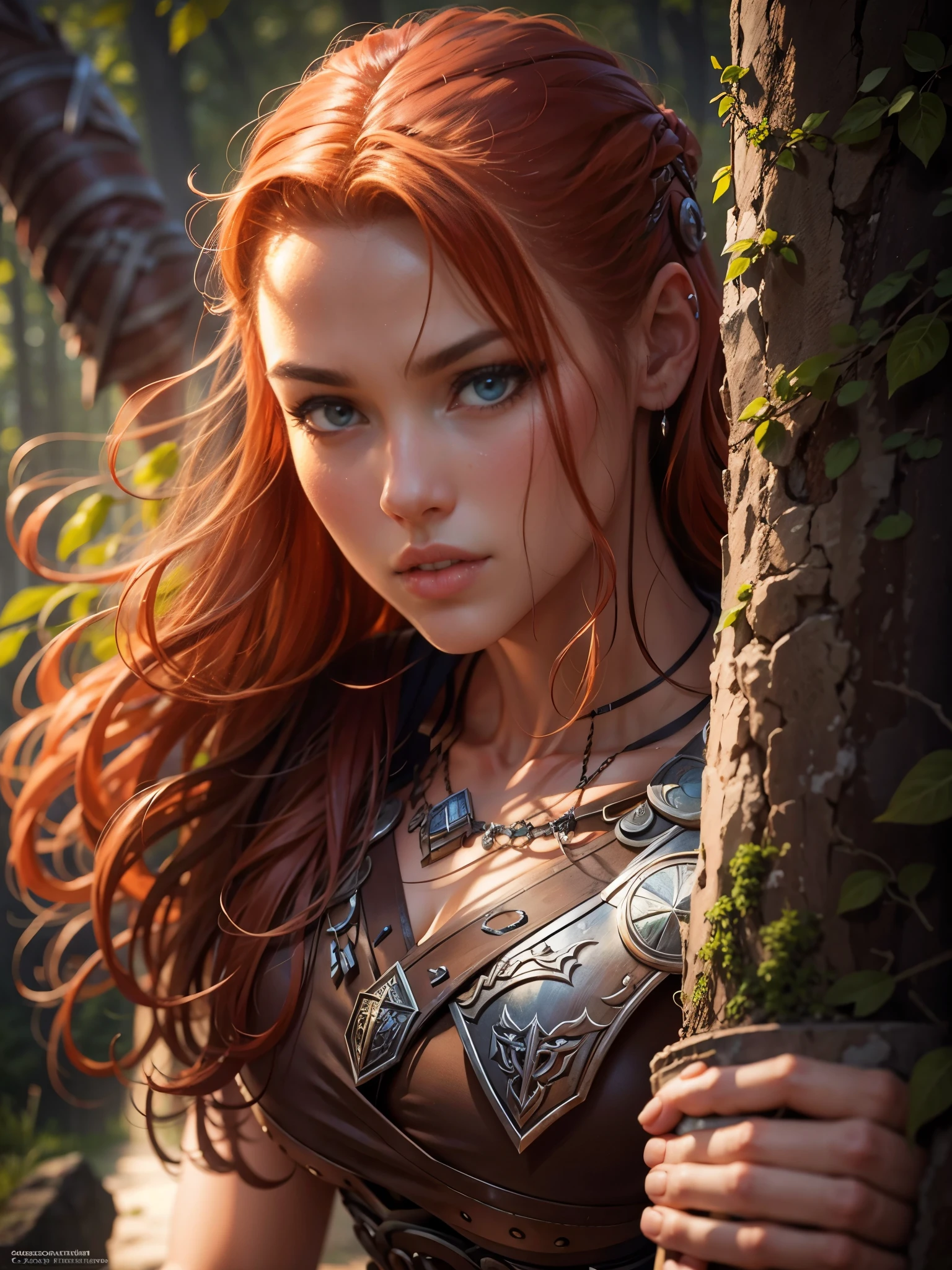 Masterpiece, best quality, brilliant details, cinematic lighting, exciting perspective, young pretty woman, beautiful face, perfect eyes, big firm breasts, perfect proportions, norse type, cameltoe, cinematic pose, red hair, viking warrior, nordic forest