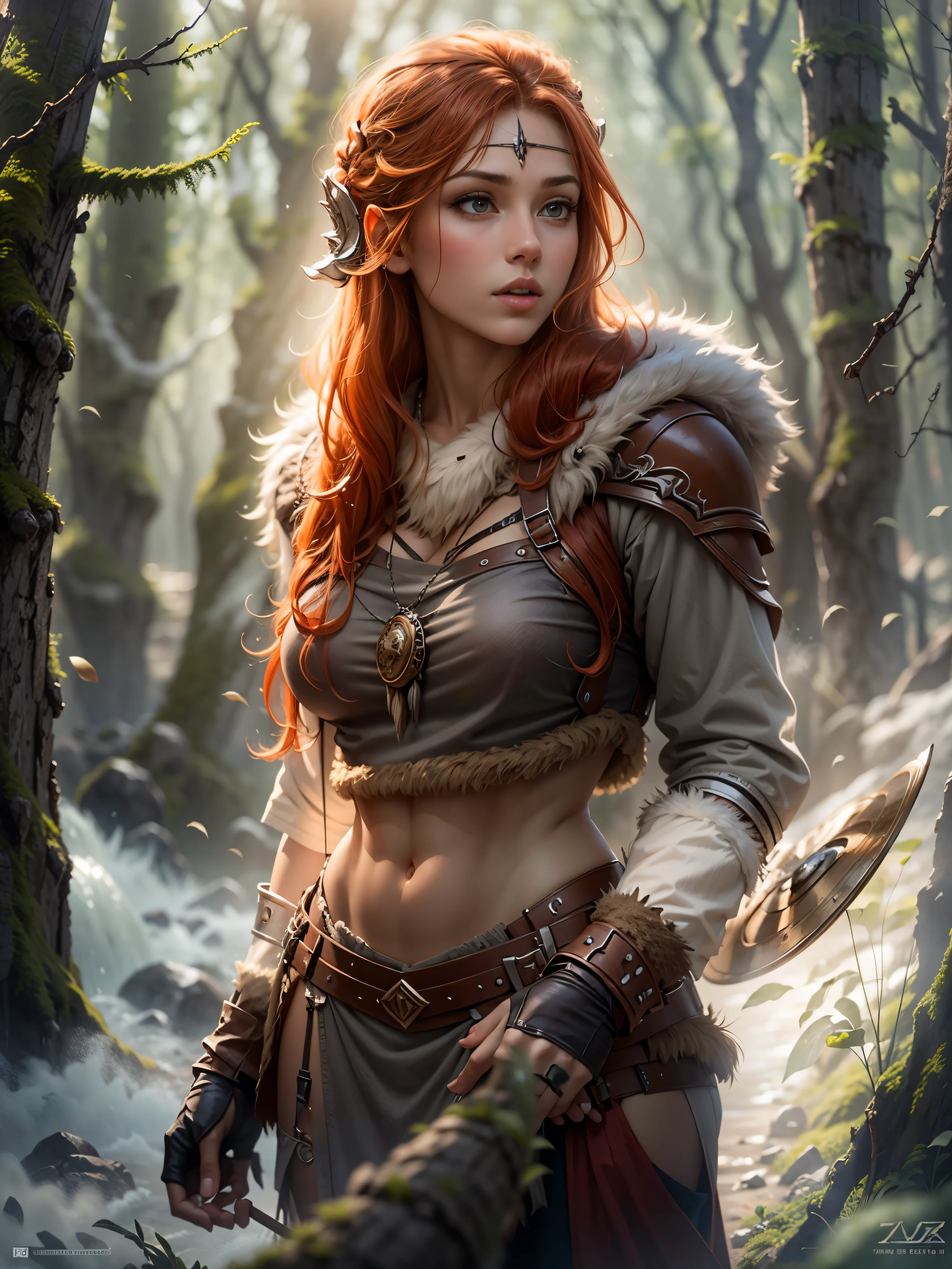 Masterpiece, best quality, brilliant details, cinematic lighting, exciting perspective, young pretty woman, beautiful face, perfect eyes, big firm breasts, perfect proportions, norse type, cameltoe, cinematic pose, red hair, viking warrior, nordic forest