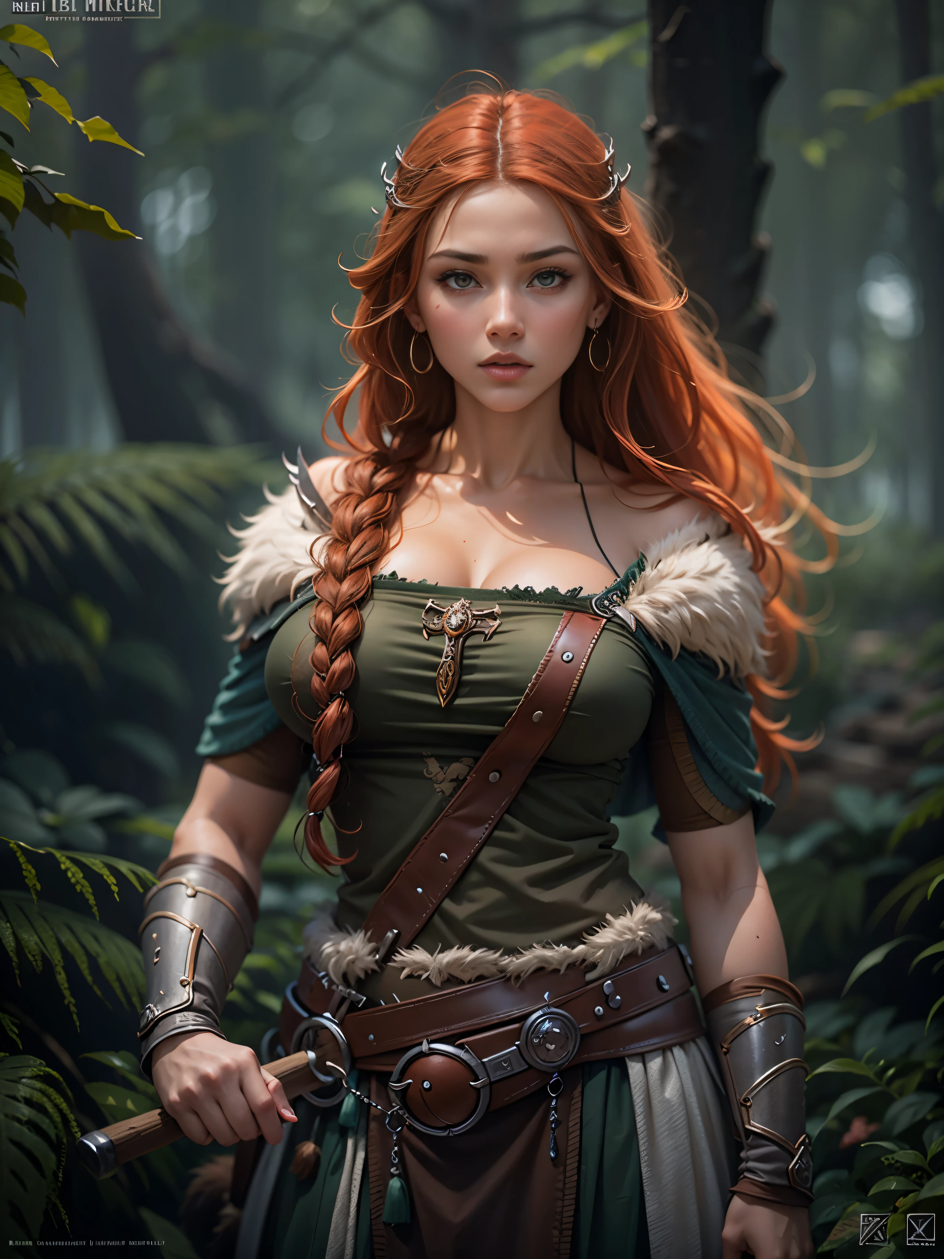 Masterpiece, best quality, brilliant details, cinematic lighting, exciting perspective, young pretty woman, beautiful face, perfect eyes, big firm breasts, perfect proportions, norse type, cameltoe, cinematic pose, red hair, viking warrior, nordic forest