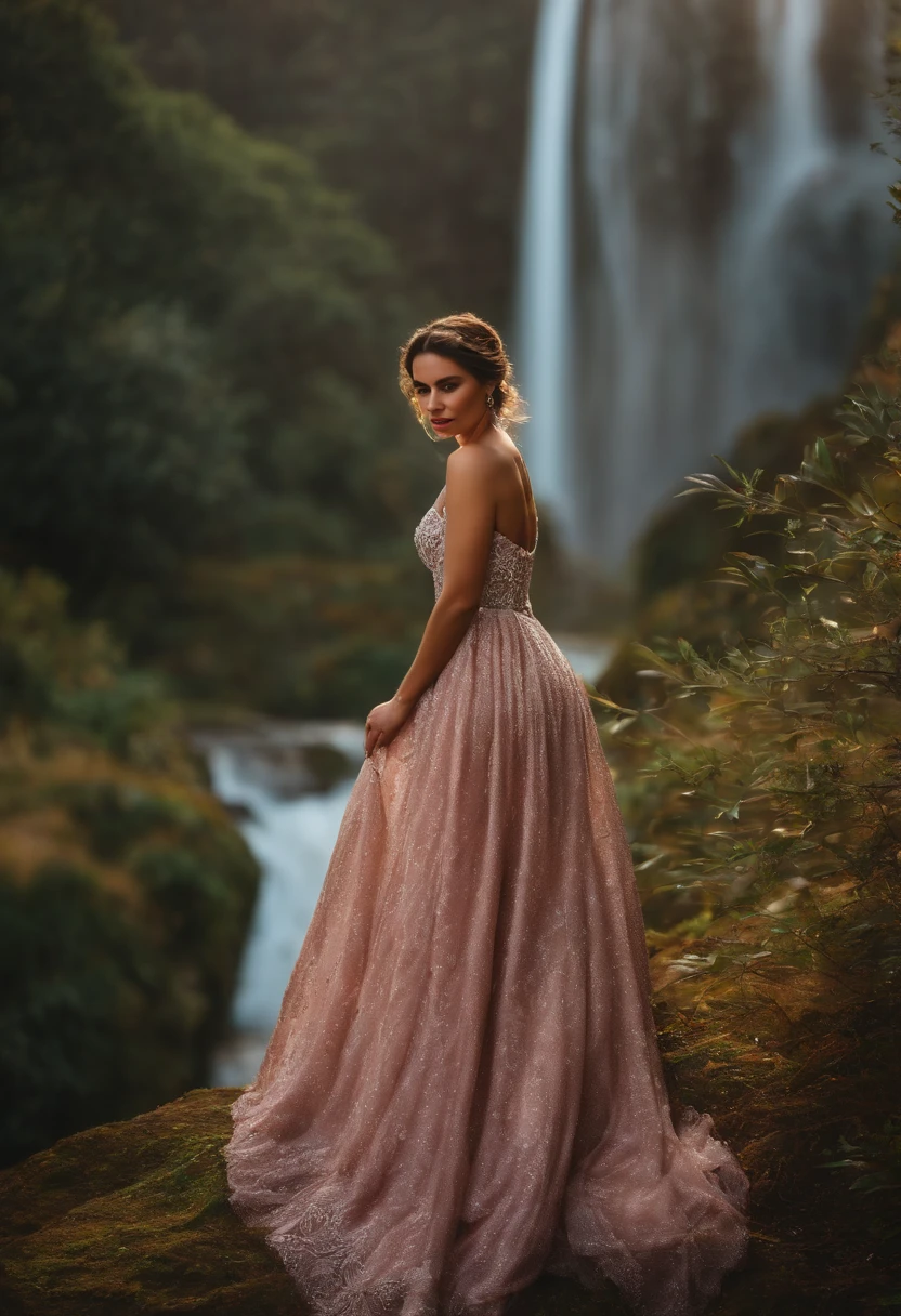 A woman in a pink dress standing in front of a waterfall - SeaArt AI