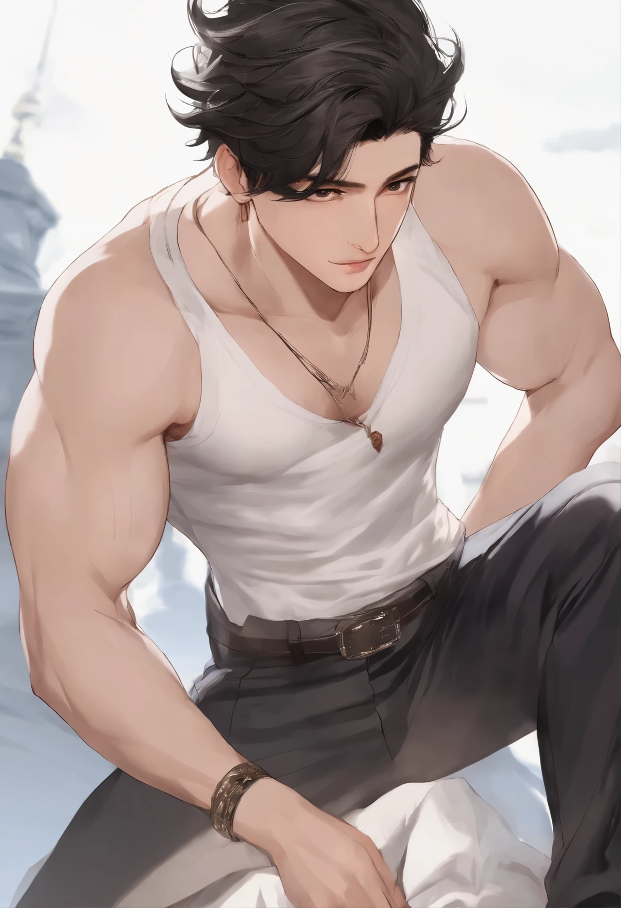 Anime guy with a white tank top and black pants sitting on a bed - SeaArt AI