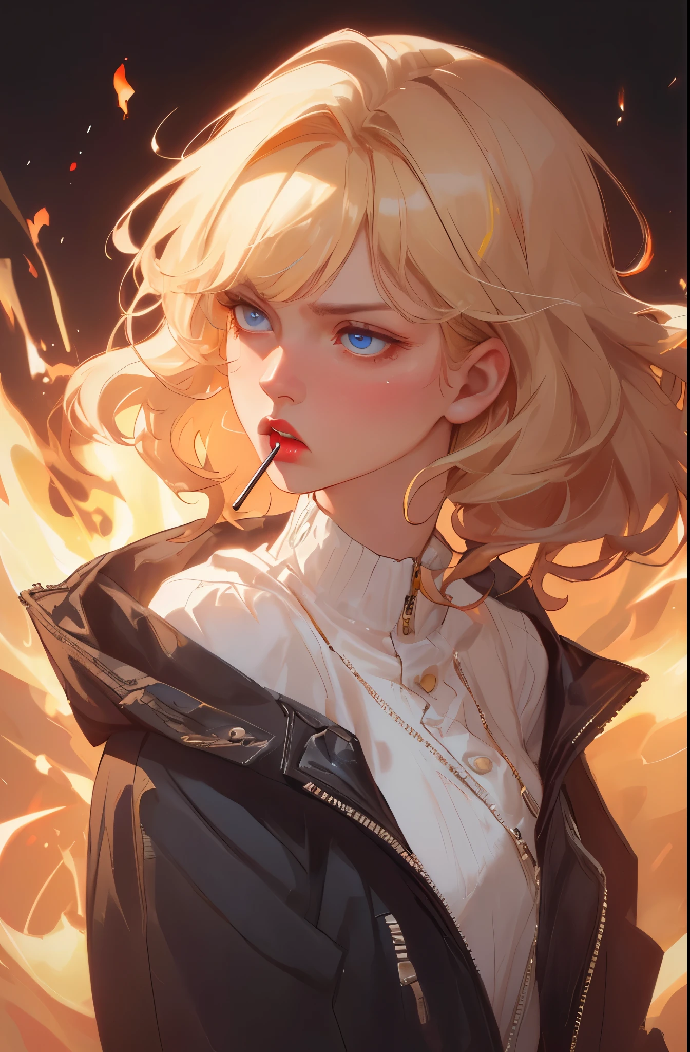 fantasy-style, fantasy, 1 girl, alone, detailed头发, long hair, tears, cry, cry with eyes open, jacket, red lips, blue eyes, upper body, white background, zipper, Floating hair, blonde hair, background, black jacket, teeth, open mouth, look away, lipstick, shirt, eyelash, cosmetic, parted lips, Bangs, lips, messy hair, long sleeves, clavicle, Boss, white hair, wind, , look to the side (high resolution), 8K, detailed, ambient light, The art of math, soft light, (Hyper-detailed Background:1.2), messy hair, (mature face:1.4), (pretty face:1.15), (((masterpiece))), (best quality), ((perfect face)), very deep eyeovie lighting), delicate eyes, best quality, realistic background, high resolution, (complex details), detailed手指, Very detailed, complex, Award-winning, Super detailed, hard lighting, complex details, eye focus, (illustration:1.1), high resolution, Hot topics on artstation