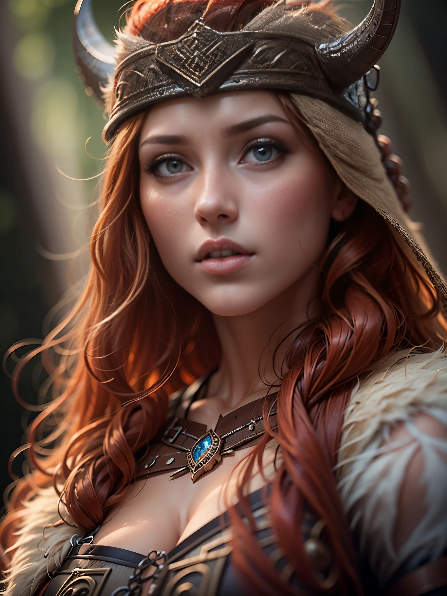 Masterpiece, best quality, brilliant details, cinematic lighting, exciting perspective, young pretty woman, beautiful face, perfect eyes, big firm breasts, perfect proportions, norse type, cameltoe, cinematic pose, red hair, viking warrior, nordic forest