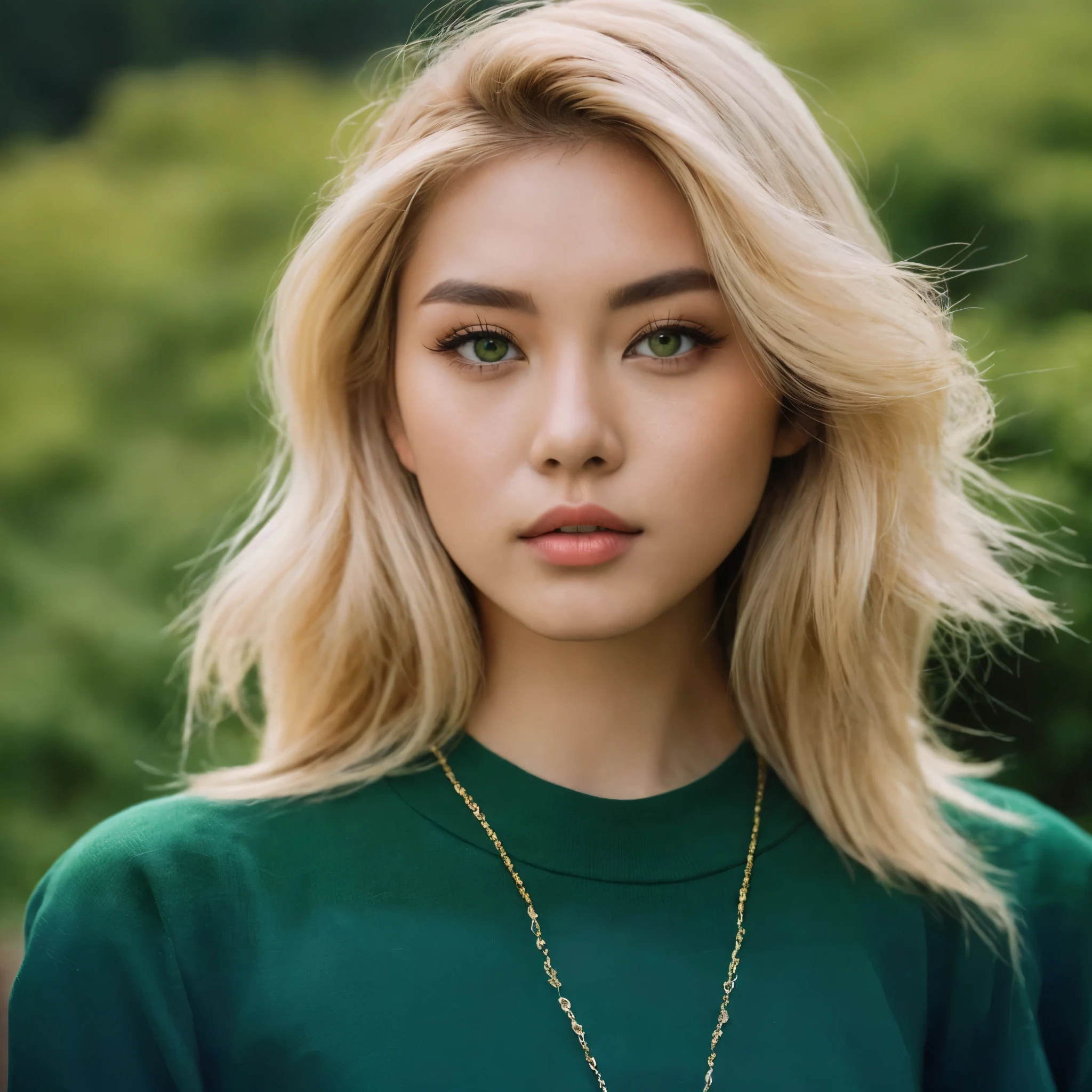 Instagram model, korean woman, blonde hair, blond hair, Green eyes, big eyes, in the beach 