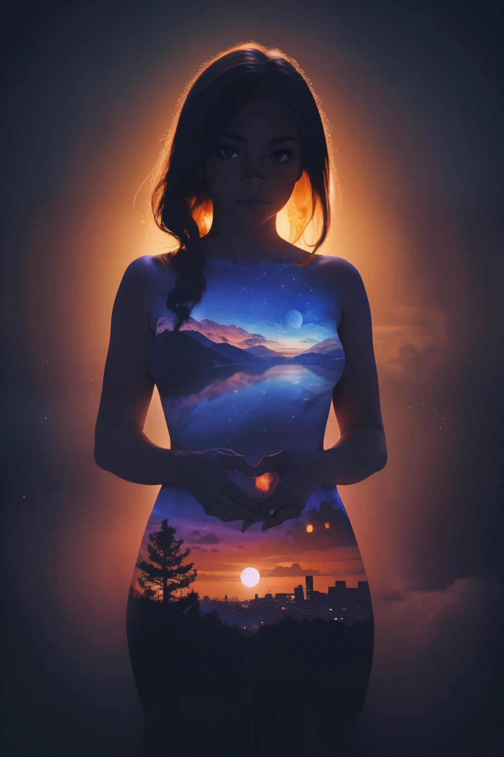 Solo African American girl holding her hands around a heart-shaped moon on her chest, darken silhouette, heavenly city and starry night by Vincent Van Gogh, 
Bokeh flower, gradient twilight background, uhd, surreal, fractal, high detailed masterpiece 