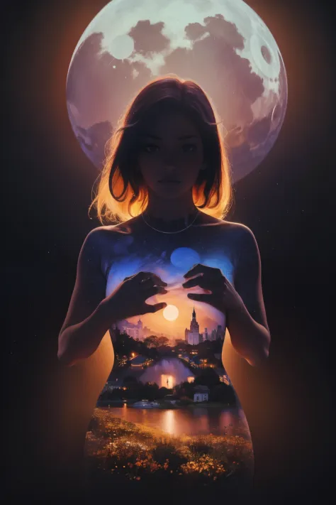 Solo African American girl holding her hands around a heart-shaped moon on her chest, darken silhouette, heavenly city and starry night by Vincent Van Gogh, 
Bokeh flower, gradient twilight background, uhd, surreal, fractal, high detailed masterpiece 