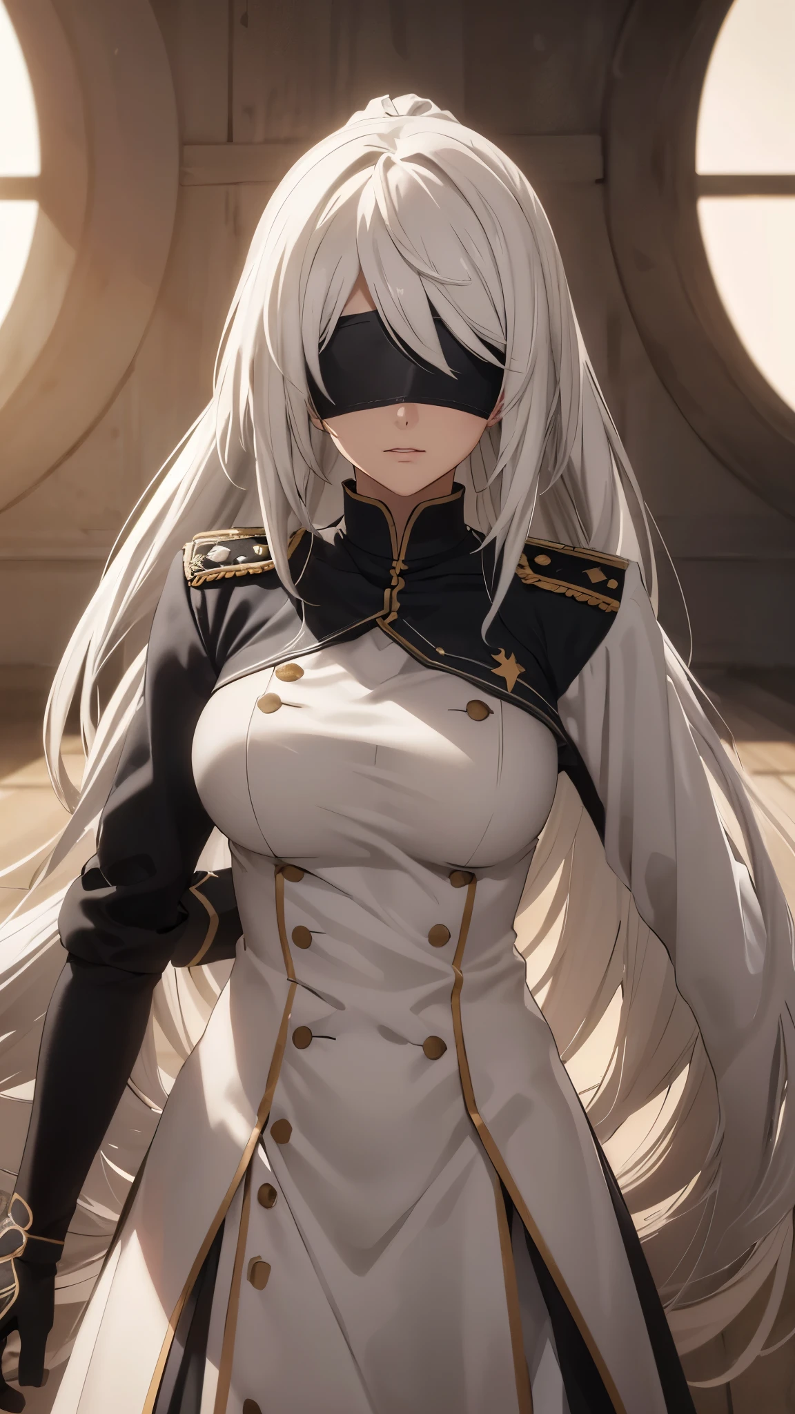 (extremely detailed CG unity 8k wallpaper), (masterpiece), (best quality), (ultra-detailed), (best illustration), (best shadow), (absurdres), 2b, 1girl, long hair, long ponytail, normal size boobs, white hair, blindfold solo, Intimidating women, admiral uniform, night, hero pose, white clothes, General Uniform, Military Uniform, Sunlight, exposed to sunlight,commander, cape, fighting, ((beautiful fantasy girl)), (Master Part: 1.2), Best Quality, High Resolution, photorealestic, photogenic, Unity 8k Wallpaper, perfect lighting, (perfect arms, perfect anatomy) beatiful face, intricate details, lifelike details, the anime, The Perfect Girl, perfect details, ultra HD |, 8k, Professional photo(extremely detailed CG unity 8k wallpaper), (masterpiece), (best quality), (ultra-detailed), (best illustration), (best shadow), (absurdres), 2b, 1girl, long hair, long ponytail, normal size , white hair, blindfold solo, Intimidating women, admiral uniform, night, hero pose, white clothes, General Uniform, Military Uniform, Sunlight, exposed to sunlight, commander, black clothes, sunkissed, sunset background