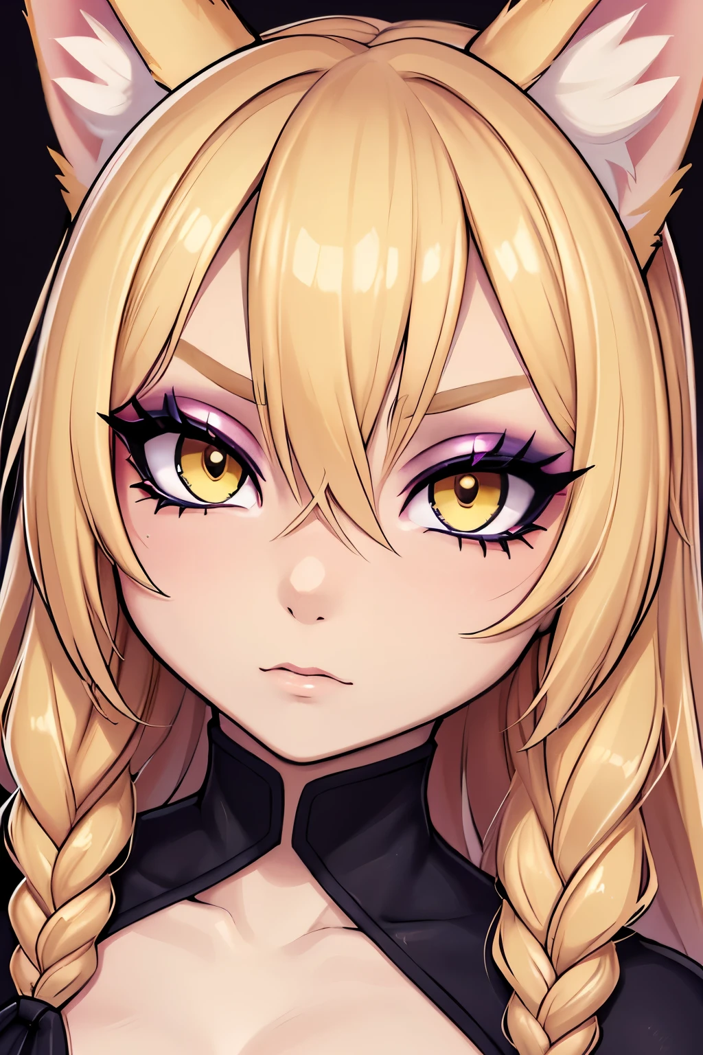 Catgirl, (blonde hair), braid, detailed face, blonde ears, ((face close-up)), Yellow eyes, expressive eyes,
BREAK,
Bold and sharp contouring for a defined and striking look. Precise highlights on the brow bones and cheekbones for a dramatic effect. Brightening glossy makeup with bold metallic eyeshadow, glossy lids, and a high-shine gloss on the lips, delivering a statement look with intense luminosity,