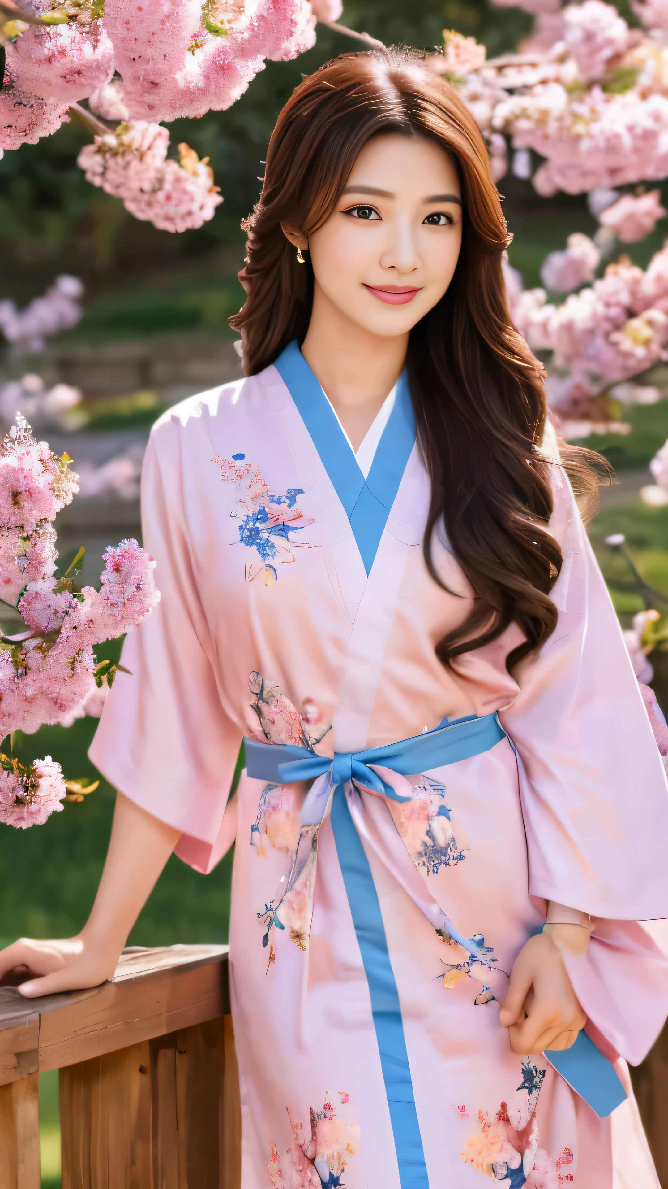 high quality images,alone, 1 girl, eye details,, chestnut hair, looking at the viewer, portrait, detailed drawings and faces, long hair, closed mouth,Unparalleled beauty details,The surroundings are shining, pink kimono,Full body high-definition painting,blue sky and white clouds,Full body high-definition painting,