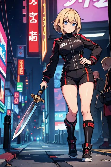 full body, blonde girl, swordmaster, thunderbolt, cyberpunk