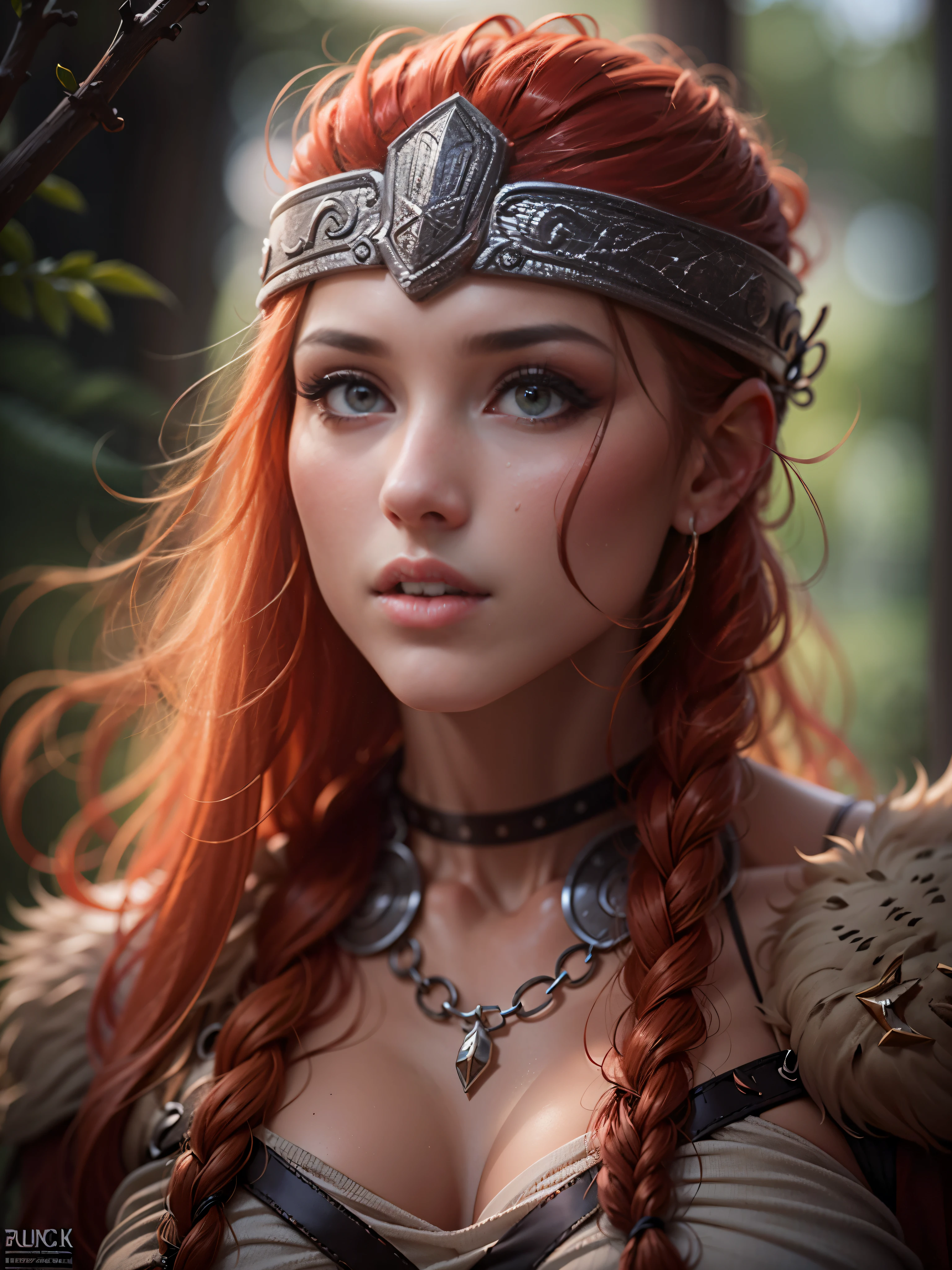 Masterpiece, best quality, brilliant details, cinematic lighting, exciting perspective, young pretty woman, beautiful face, perfect eyes, big firm breasts, perfect proportions, Norse type, flawless skin, textured skin, bikini outfit, cameltoe, cinematic pose, red hair, Viking warrior, Nordic forest