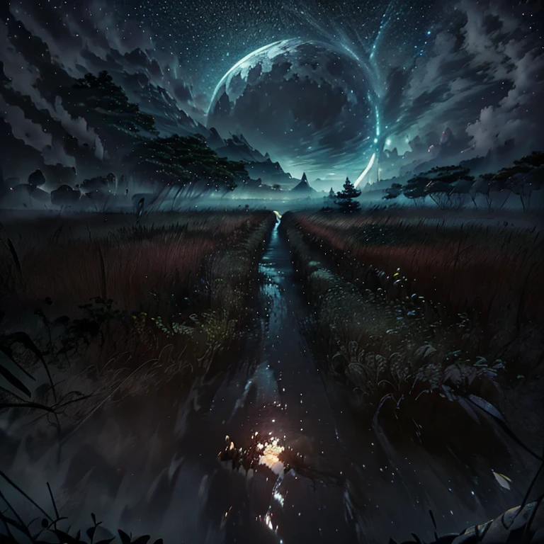 The image depicts a dark night scene with a full moon illuminating the sky. The moon is positioned towards the top left of the image, casting a soft glow over the surroundings. The night sky is cloudy, adding to the overall atmosphere of the scene. Below the moon, there are several trees scattered across the image, with some closer to the foreground and others further back. The trees are silhouetted against the moonlit sky, creating a striking contrast between the darkness of the night and the brightness of the moon.