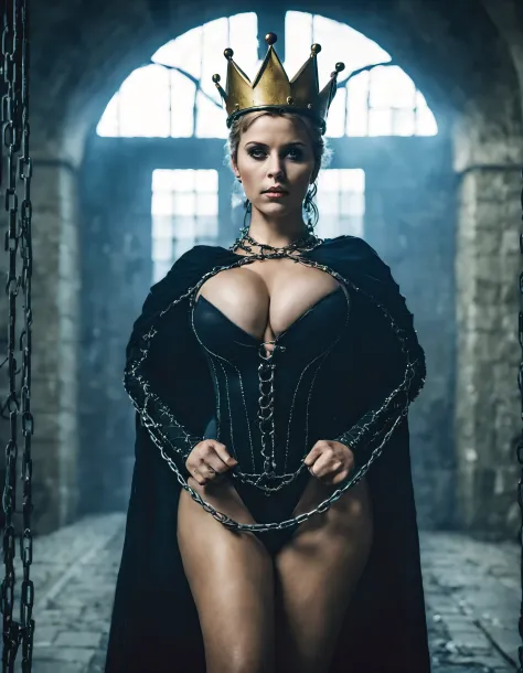 cinematic film still of Evil Queen   a full body shot of massive cleavage woman  in a golden crown and black costume is tied up in a prison cell with rusty silver chains in middle ages in 1500s 15th century, shallow depth of field, vignette, highly detaile...