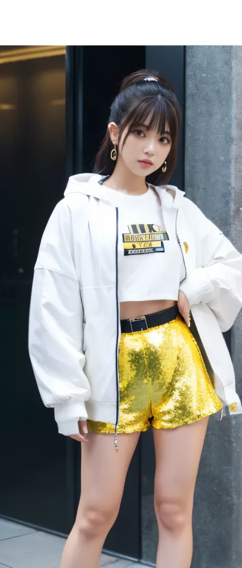 female idol、Full body Esbian、、yellow sequin tight shorts、、good style、white damage jacket