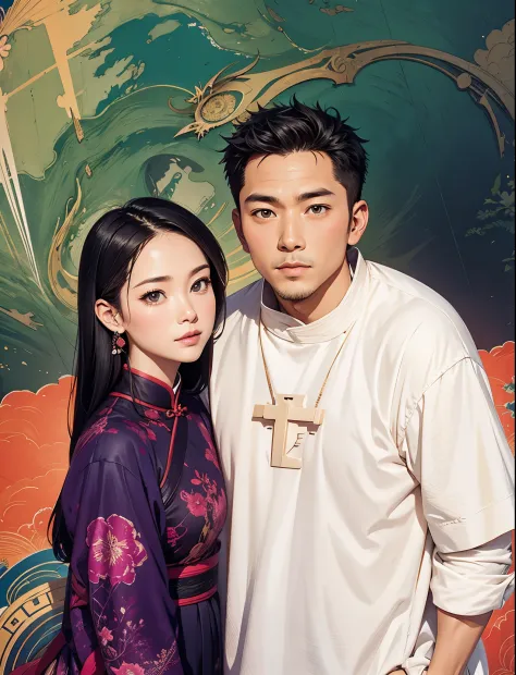 Chinese couple standing alone on hill| centered| detailed gorgeous face| anime style| key visual| intricate detail| highly detai...