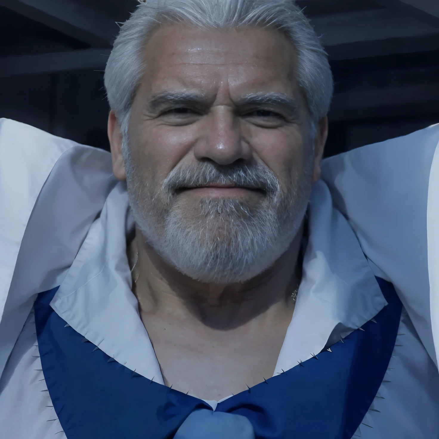 (masterpiece), (realistic), (ultra detailed), ( high reest quality), (photorealistic), (perfect face), old man, 1male, solo, ((50 years old)), American  (((muscular))), monkey d. Garp from one piece, monkey d. Garp, Garp, (( spiky haircut)), ((white hair)), white beard, white mustache, The character has white hair on the sides, wears a white shirt, wears white pants, wears white shoes, wears a blue tie, his shirt buttons are gray, wears a white robe with a rank symbol on his shoulder, wearing a white robe, Behind the distance there is a white stone wall, detailed fingers, detailed hand