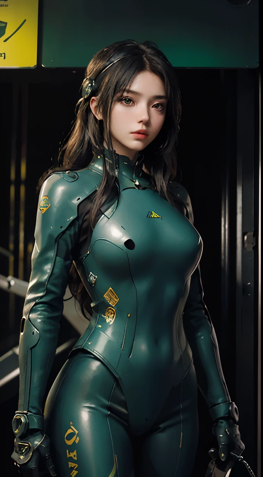 Highest image quality, Excellent details, ultra high resolution, (Reality: 1.4), best illustrations, Offer details, Highly concentrated 1girl, Has a delicate and beautiful face, Dressed in black and green mechs, wearing a mech helmet, holding direction, riding a motorcycle, The background  a high-tech light scene of a futuristic city.