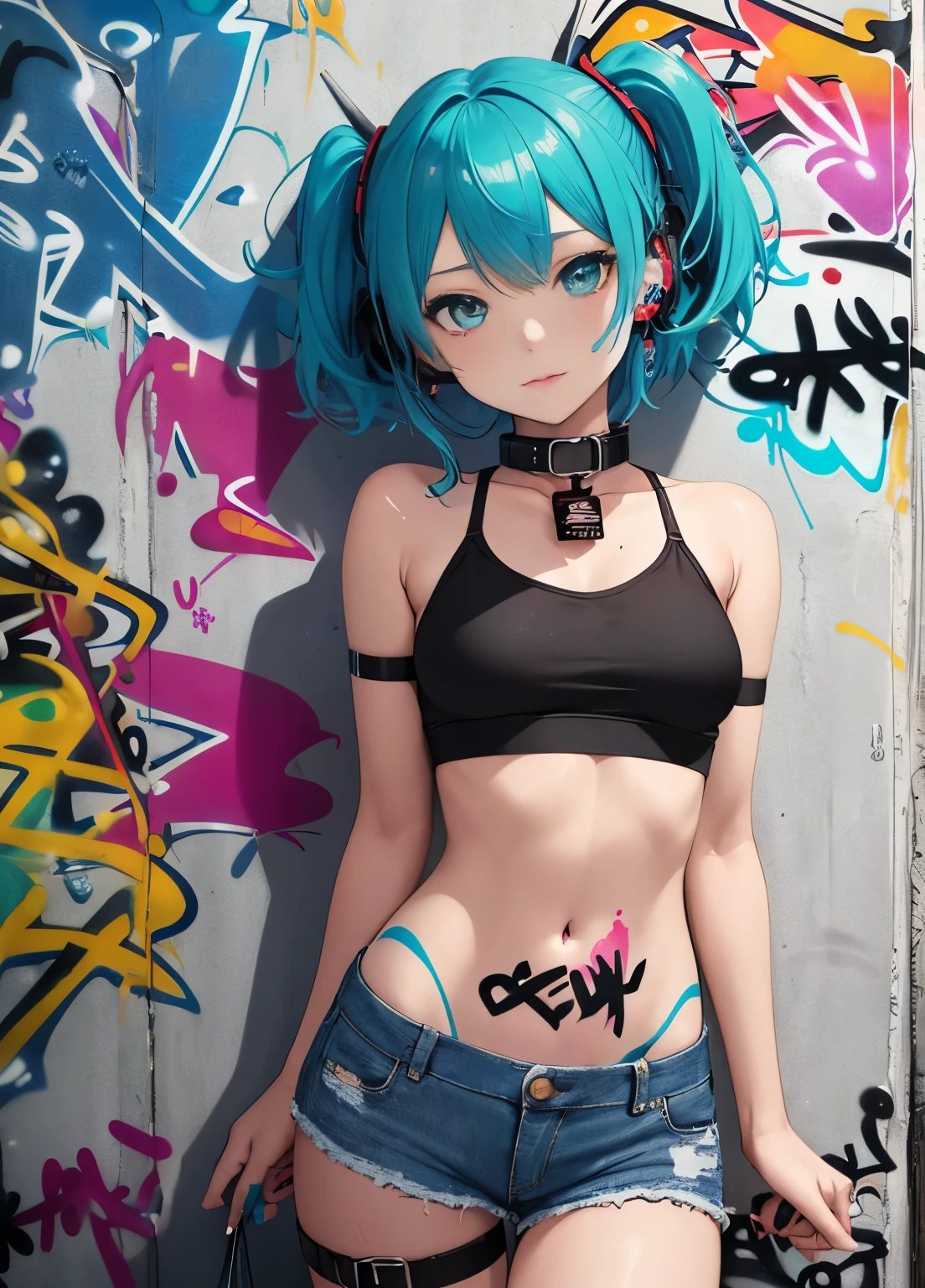 masterpiece, best quality, 1 girl, alone, crop top, Denim shorts, collar, (Graffiti:1.5), paint splatter, Put your arms behind your back, against the wall, looking at the audience, armband, thigh strap, Apply to body, head tilt, boring, colorful hair, aqua eyes, earphone,