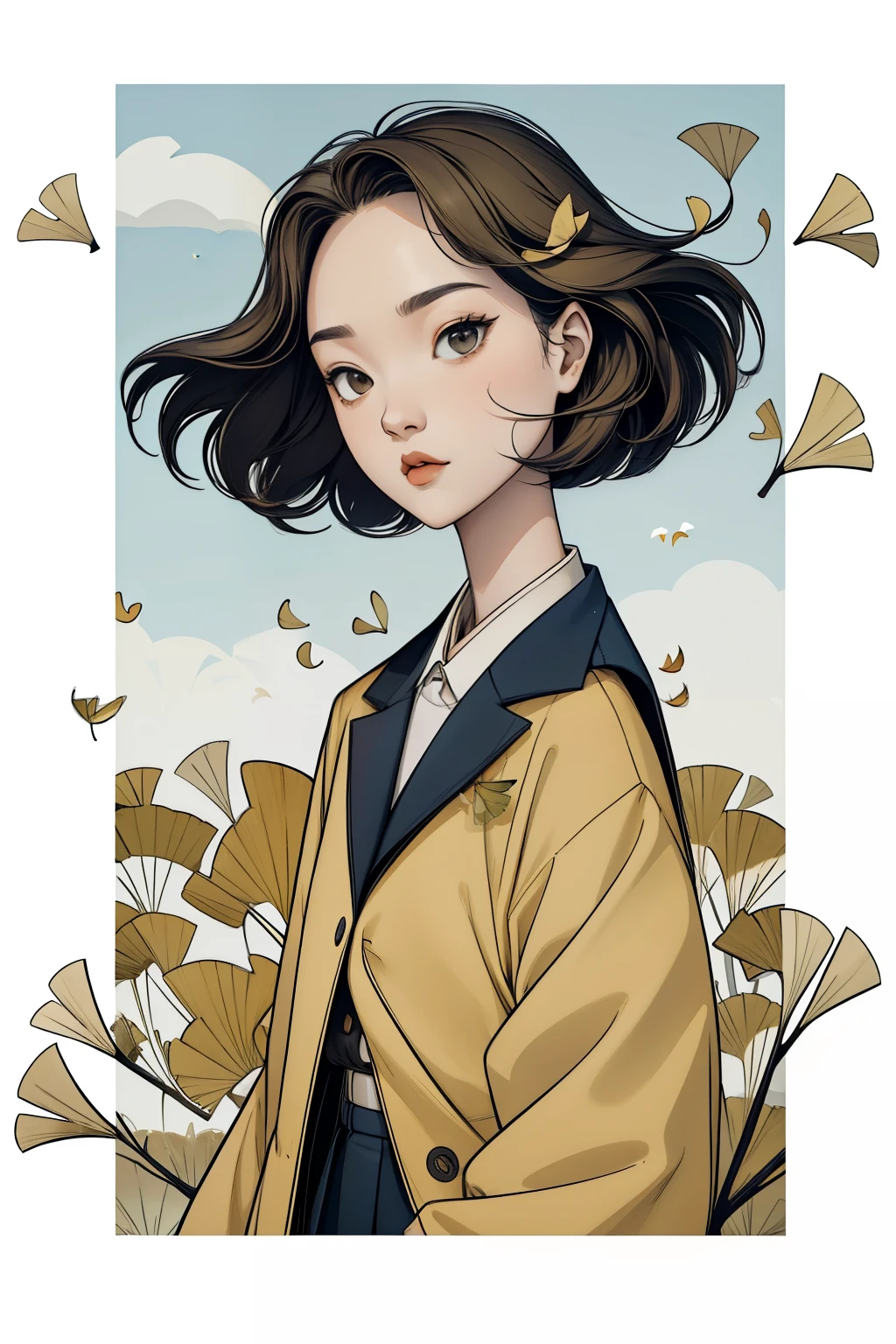 秋の銀杏の木の下の少女，肖像画，強風で落ちるイチョウの葉，空を舞うイチョウの葉