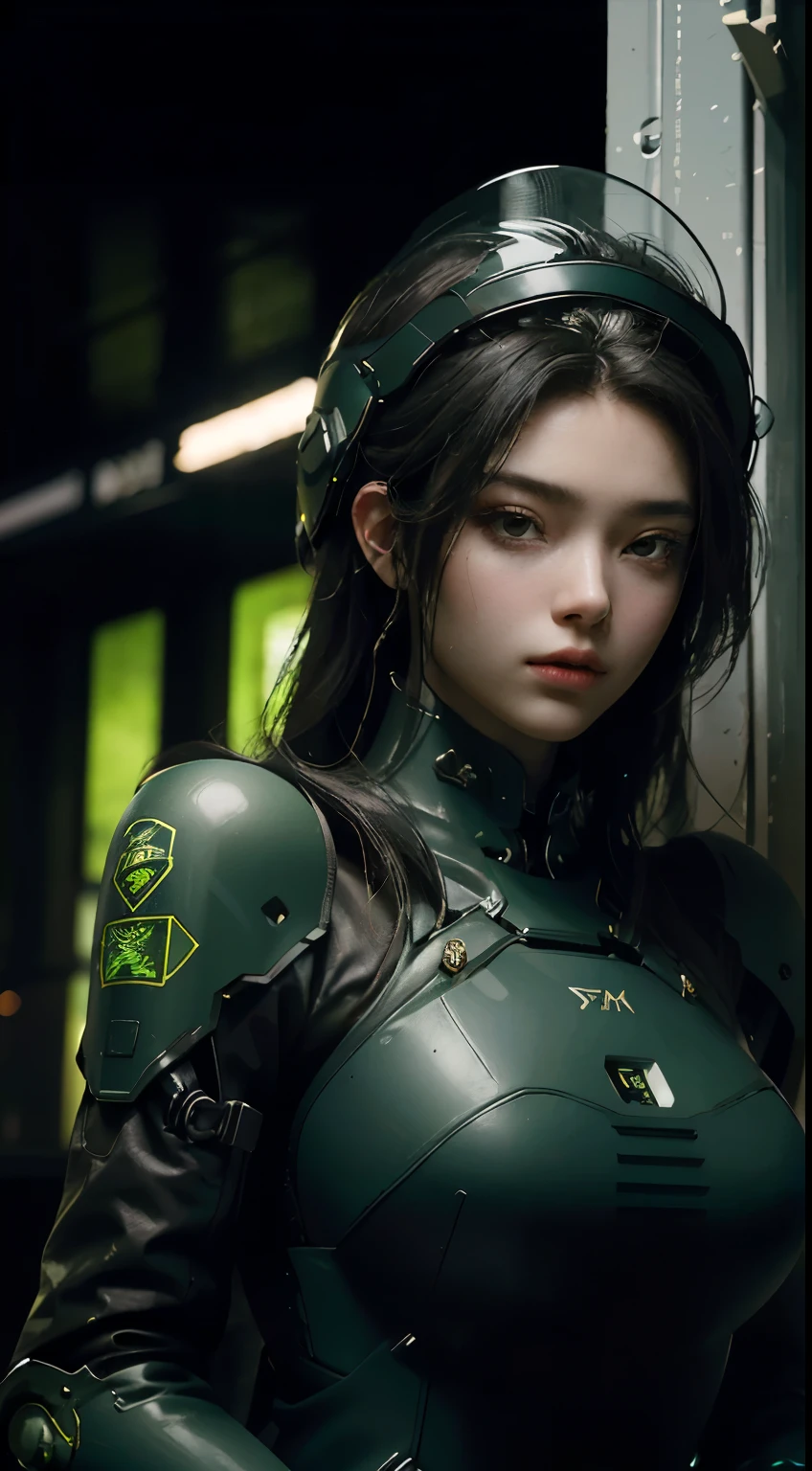 Highest image quality, Excellent details, ultra high resolution, (Reality: 1.4), best illustrations, Offer details, Highly concentrated 1girl, Has a delicate and beautiful face, Dressed in black and green mechs, wearing a mech helmet, holding direction, riding a motorcycle, Background futuristic city high tech lighting scene.