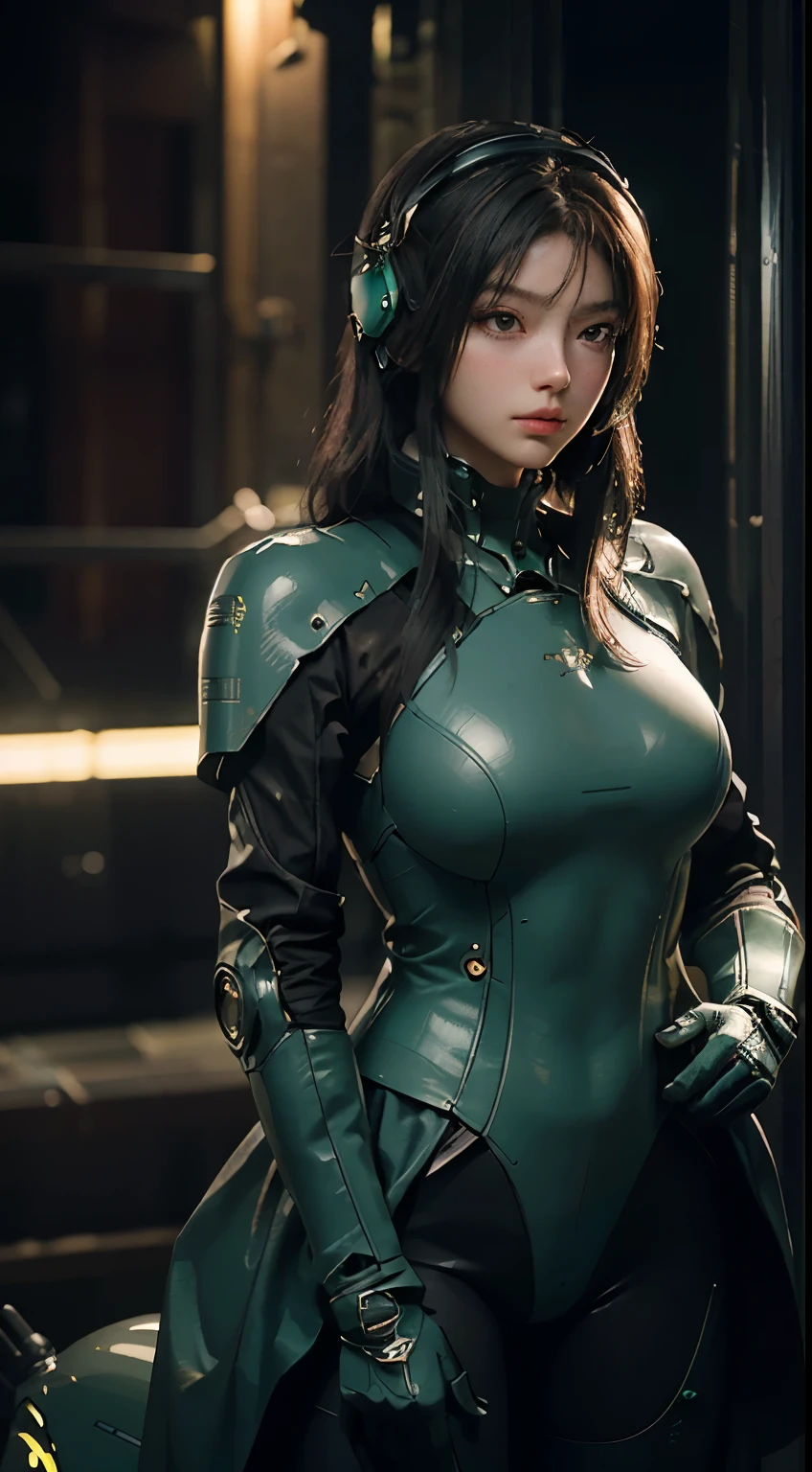 Highest image quality, Excellent details, ultra high resolution, (Reality: 1.4), best illustrations, Offer details, Highly concentrated 1girl, Has a delicate and beautiful face, Dressed in black and green mechs, wearing a mech helmet, holding direction, riding a motorcycle, Background futuristic city high tech lighting scene.