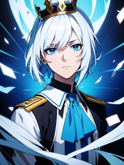 Handsome young boy wearing blue high school uniform, poker face , medium hair ,wearing a destroyed crown on her head , white hai...