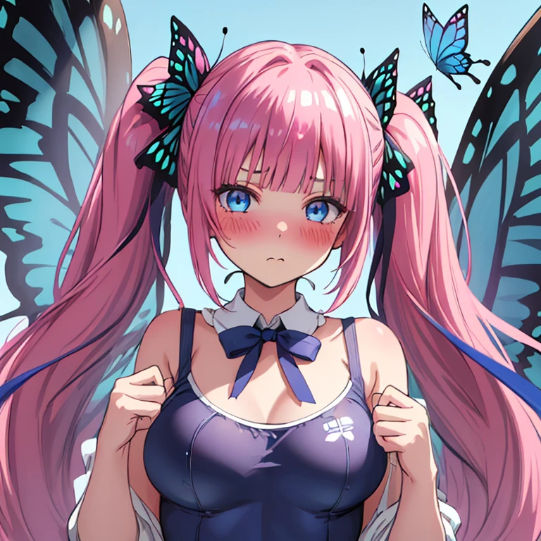 best quality, very aesthetic, Super detailed, best illustration, Dark blue one piece school swimsuit,bangs, pink_hair, blunt_bangs, hair_ornament, butterfly_hair_ornament, ribbon, black_ribbon, blue_eyes, blush, hair_ribbon, twintails, long_hair