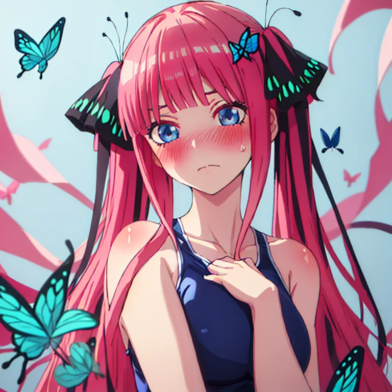 best quality, very aesthetic, Super detailed, best illustration, Dark blue one piece school swimsuit,bangs, pink_hair, blunt_bangs, hair_ornament, butterfly_hair_ornament, ribbon, black_ribbon, blue_eyes, blush, hair_ribbon, twintails, long_hair