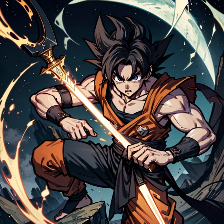 Goku avec l'épée Excalibur, au-dessus d'un dragon noir se pelant avec Cell