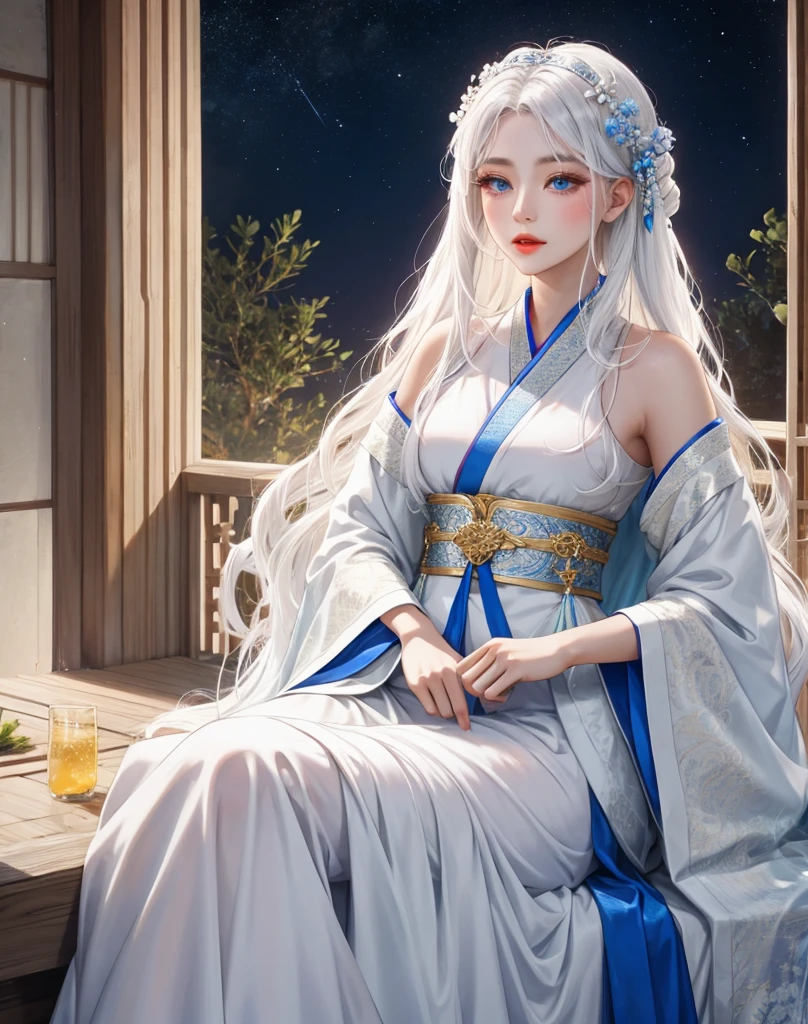 white hair，ancient princess，Hanfu，gorgeous costumes，kapok，blue eyes，Quiet and beautiful， women，intricate details，tassel，gauze，moonlight，Gorgeous hair accessories，a woman，wavy long hair，