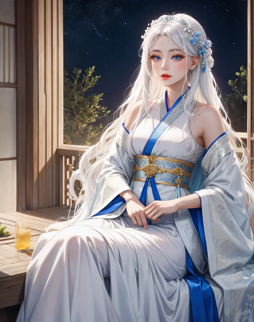 white hair，ancient princess，hanfu，gorgeous costumes，kapok，blue eyes，quiet and beautiful， women，intricate details，tassel，gauze，mo...