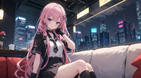 a girl，solo，Long pink hair，gentle，Smile，Medium-hair long，dishiveredhair，short sleeves，short sleeves游戏服，black skirt，black gloves，cyberpunk characters,night, night city background，Digital punk, anime style 4k, Sitting on the sofa，indoors，In the restaurant，bl...