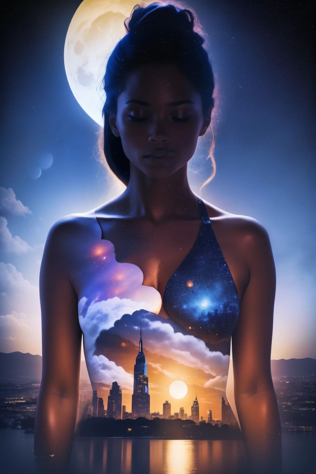 Photorealistic illustration of a Solo African American girl with dark skin ((a solo heart-shaped moon on her chest)), closed eyes, darken silhouette, heavenly city and starry night by Vincent Van Gogh, 
Bokeh, gradient black and blue color background, uhd, surreal, fractal, beautiful, high detailed masterpiece 
