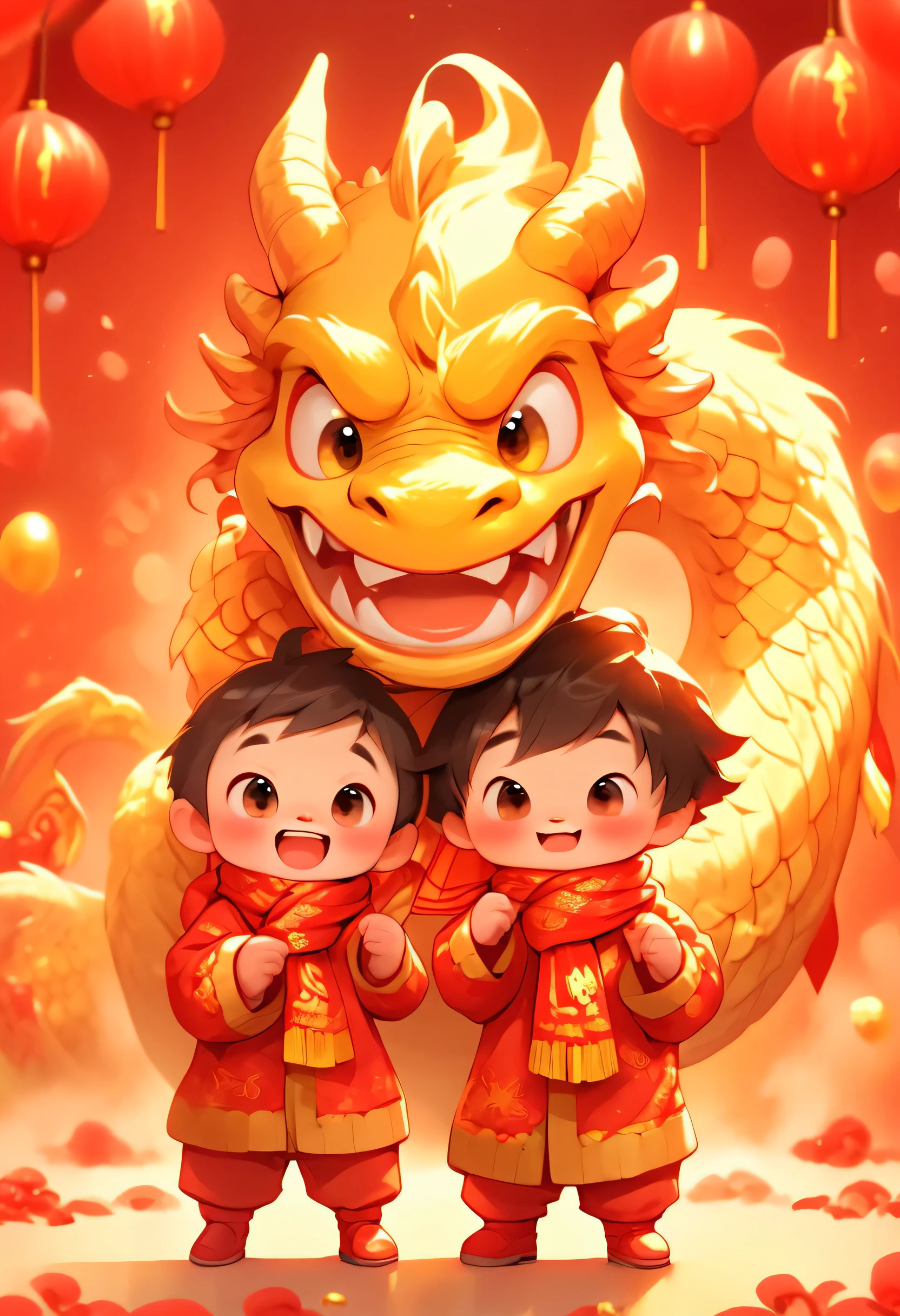 A cute humanized red Chinese dragon baby and a Chinese , Pure Chinese red background Pixar style, Both of them were wearing yellow sweaters，A big red scarf tied around the neck, Make the same congratulatory gesture, big red background, very festive, Chinese elements welcome the New Year,32k