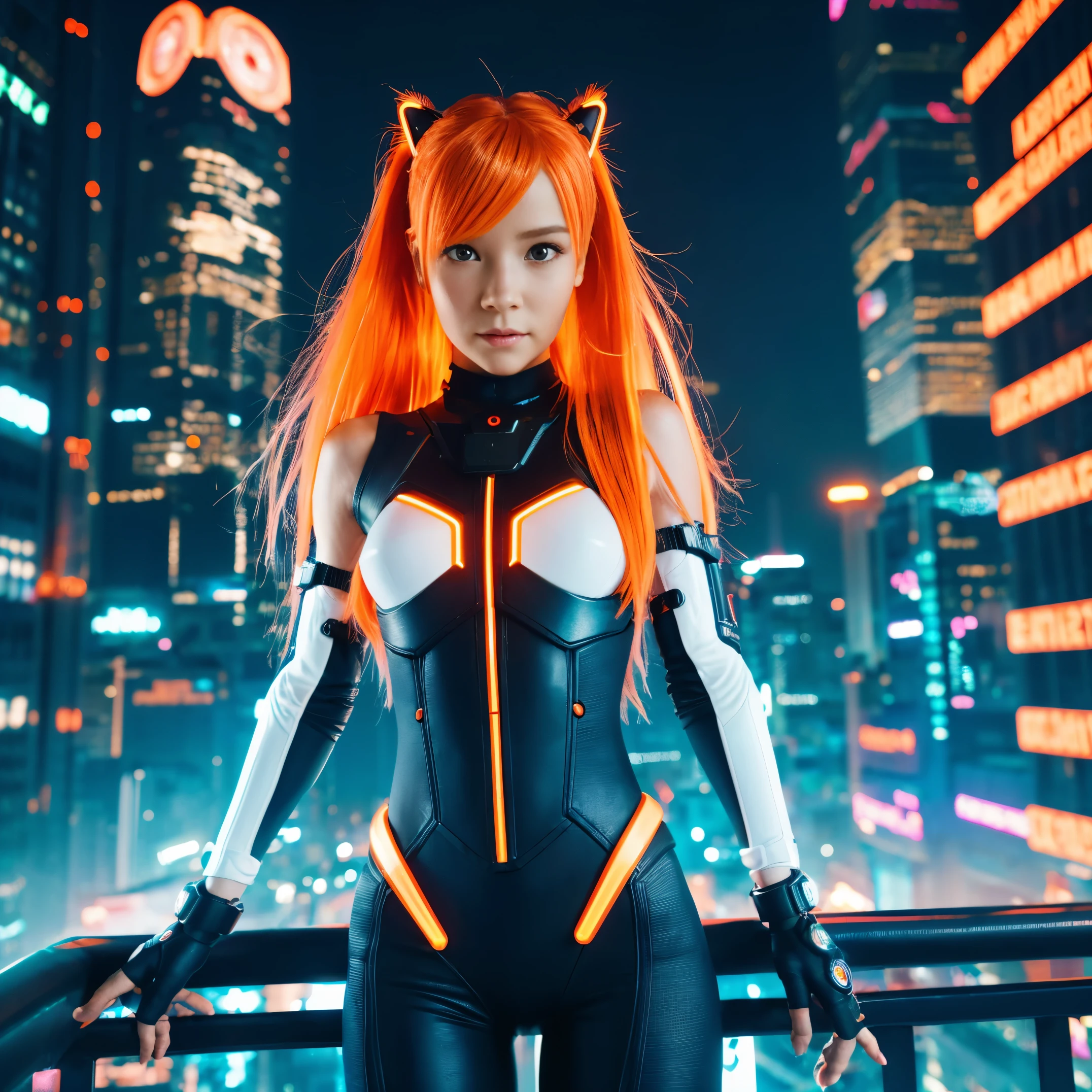 (SFW), intricate details, 1 girl, night, (bright neon colors), ((Fly over futuristic cyberpunk city)), detailed background, (Little Cyborg Girl, ((cute perfect face, bright glowing red eyes)), (perfect anatomy,  perky breasts), (Ridiculously long gradient orange and white hair, hair blowing in the wind)), Detailed ribbed impossible bodysuit, shoulder armor, Cybernetic limbs, dynamic angle, 