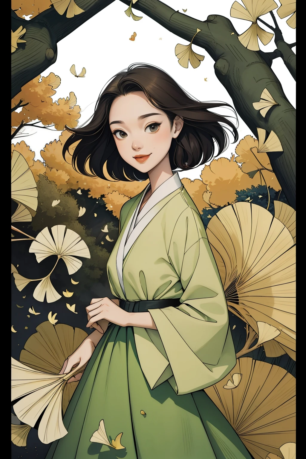 autumn，Under the ginkgo tree for a beautiful girl，The strong wind blew the leaves from the trees and fell, fluttering in the air.，The wind blows her hair，smile slightly，Very beautiful，leaves flying in the air，