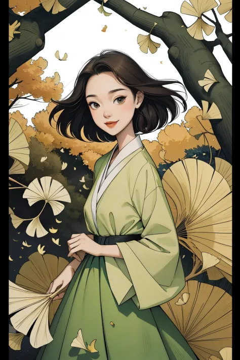 autumn，Under the ginkgo tree for a beautiful girl，The strong wind blew the leaves from the trees and fell, fluttering in the air...