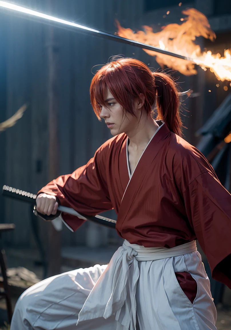 Design amazing postereatures kenshin as the protagonist "Rurouni Kenshin" In the heat of the moment. Capture the essence of his burning determination and indomitable spirit. For he unleashed his anger. Action with a straight sword in hand, Keep it short, Bold, And strongly convey the raw power of Kenshin's anger. Long Hair, ponytail, Red Hair, katana,  cross sign in left cheek,  High quality, photorealistic, 20-year-old man, holding a Katana in his hand, surrounded by fire. The man has a determined posture,  He is wearing a red kimono with intricate patterns, paired with a white hakama .The lighting is realistic, emphasizing the intensity of the scene.